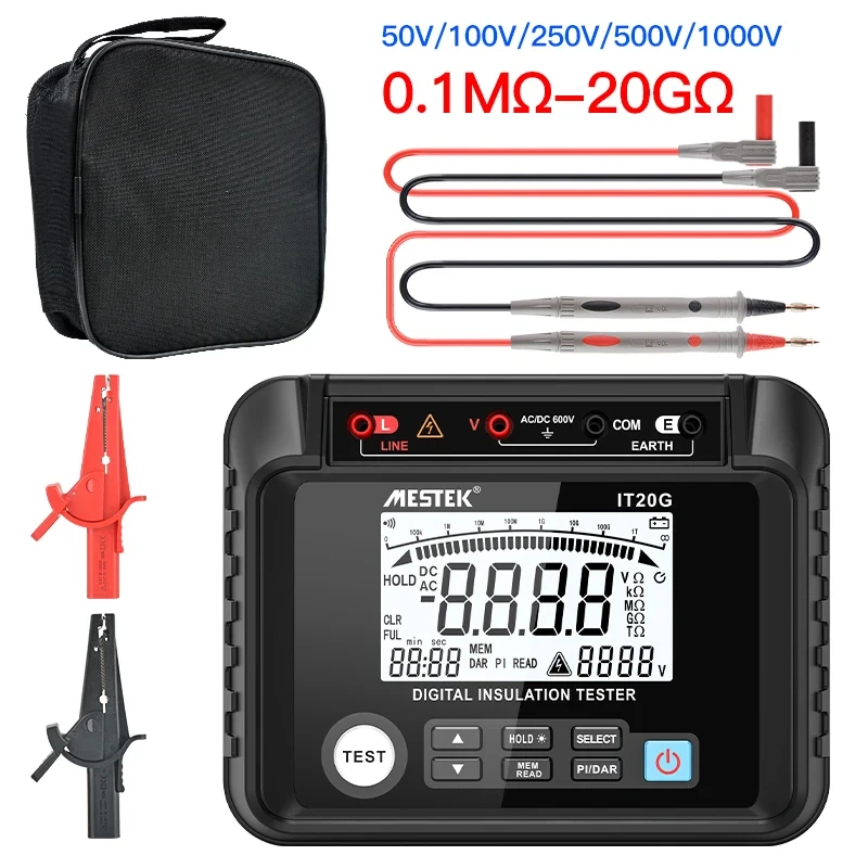 Tela LCD Digital Isolamento Resistência Tester, Medidores Elétricos de Alta Tensão, Armazenamento de Dados, 1000V, 20 GB, 200 GB, AC, DC Voltagem