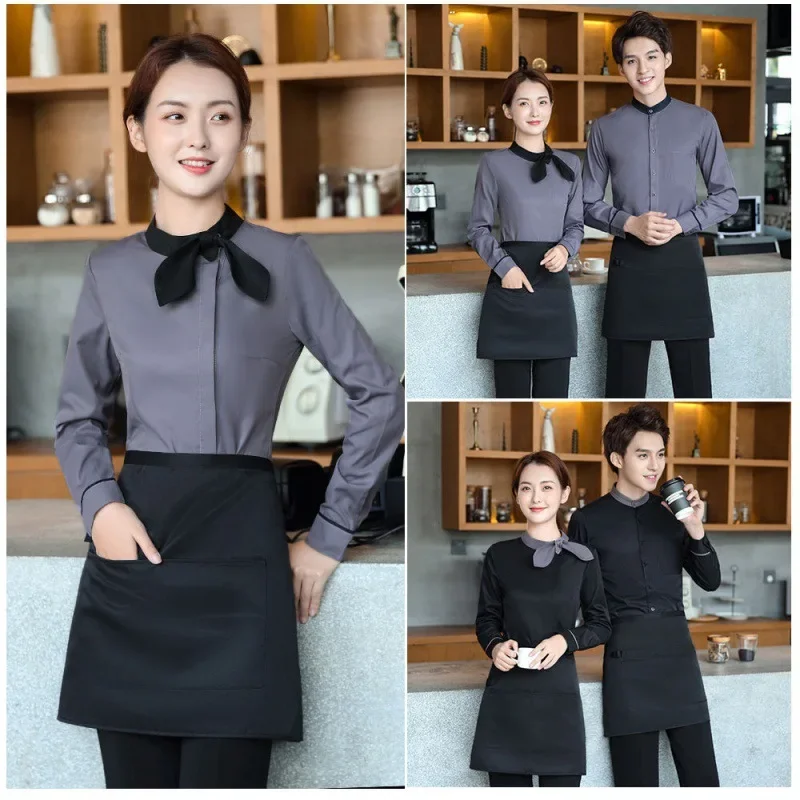 Long Sleeve Hotel Food Service Waiter Uniform Women Western Restaunrant Waitress Uniform Catering Shirt and Apron Work Clothing