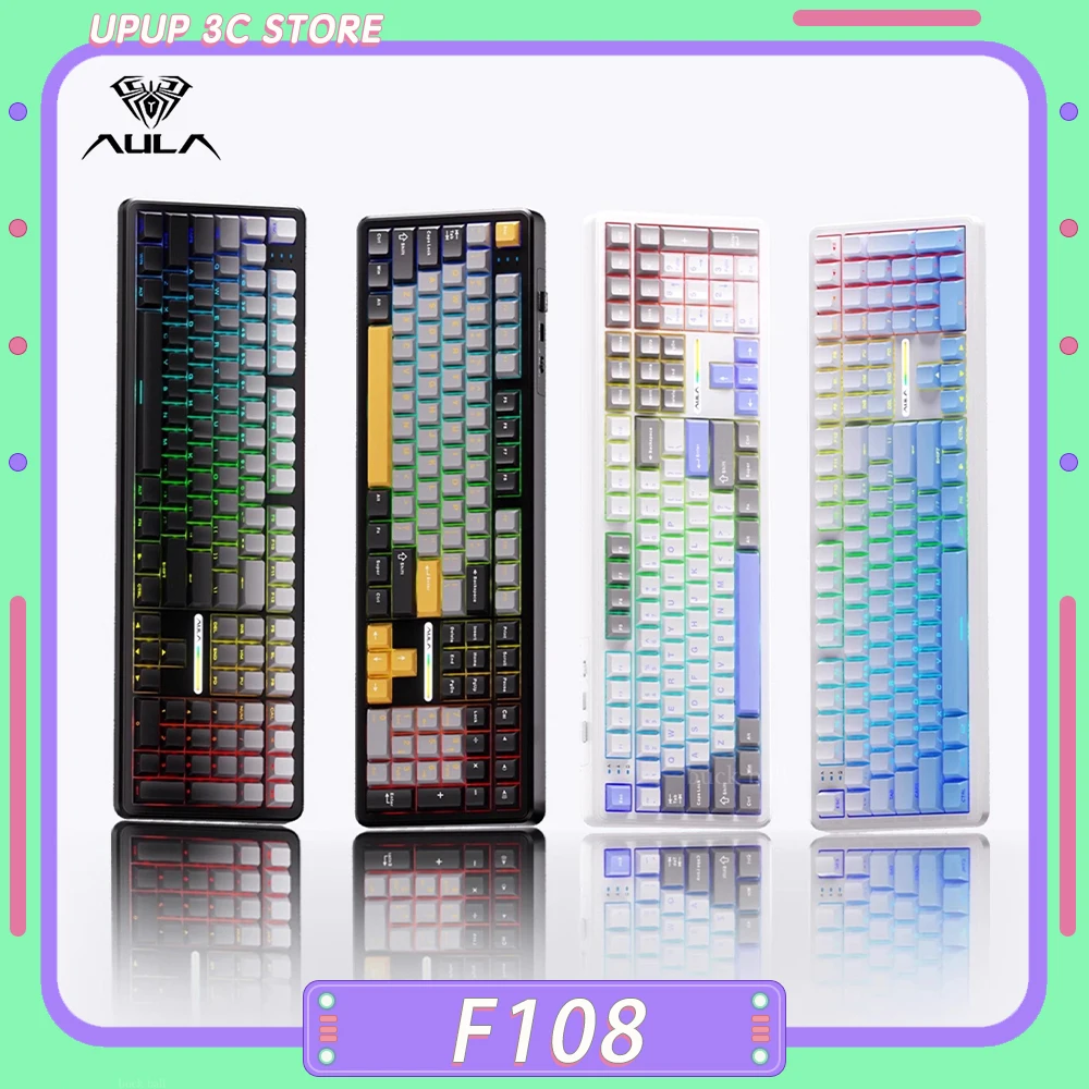 Aula F108 Mechanical Keyboard Three Mode Bluetooth Wireless 1k Polling Rate Customized Hifi Switch Hot Swap Rgb Keyboard Office