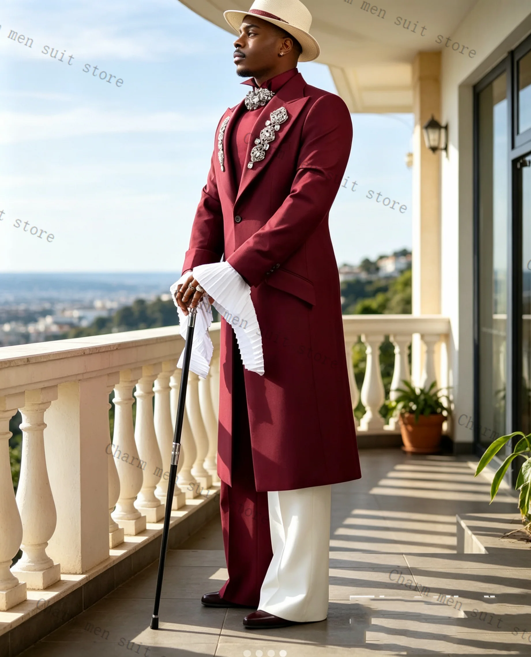 

Long Men Suits Set 2 Pcs Blazer+Cotton Pants Trouser Appliqued Beaded Wedding Tuxedo Formal Office Business Groom Jacket Coat