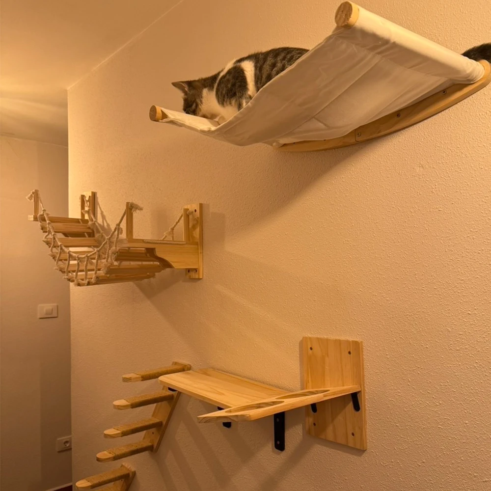 

Cat Climbing Shelves Wall Mounted Cat House Wooden Ladders & Steps Cat Furniture Bridge with Protection Network for Cat & Kitten