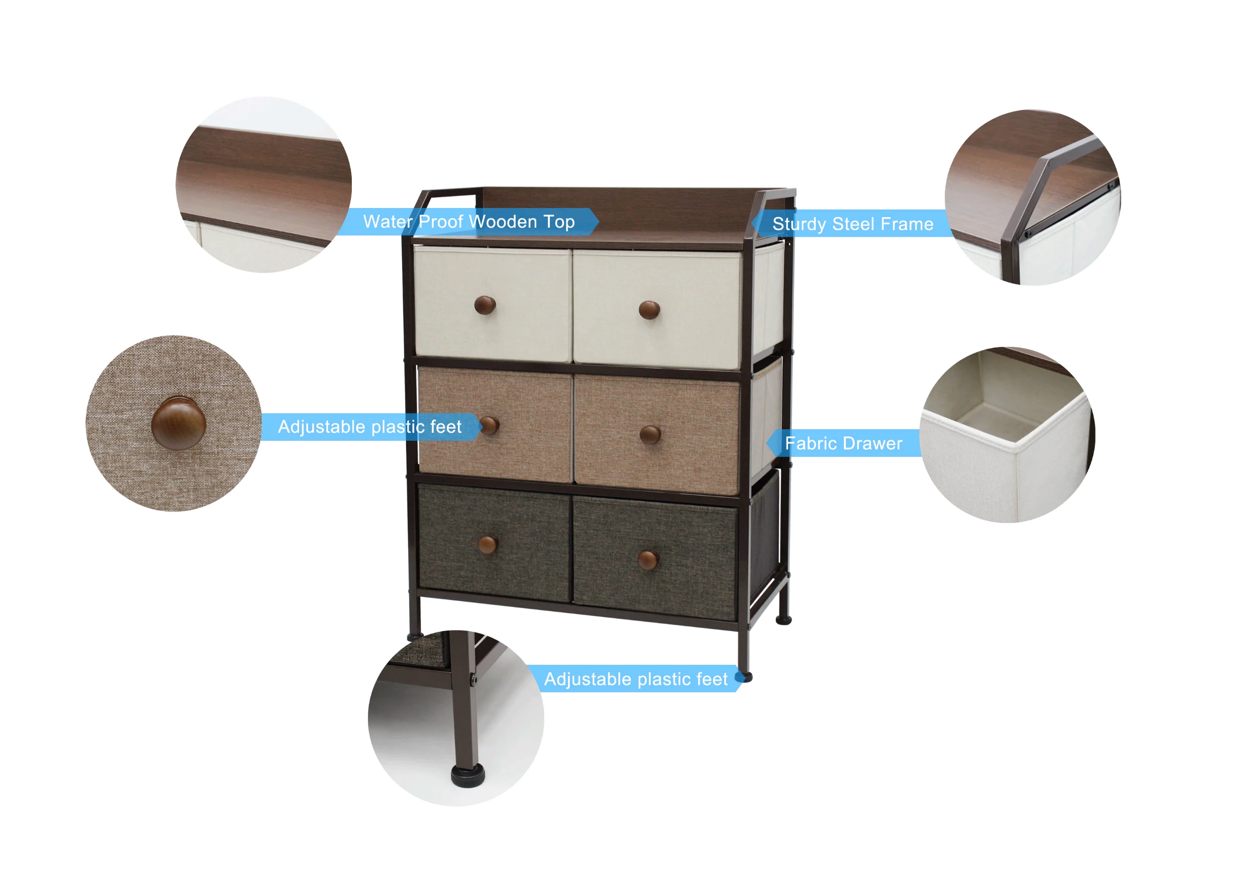 Smart White Golden Foldable Dresser Chest Bedroom Nightstand Corner Table with 2 Drawerspromote sales