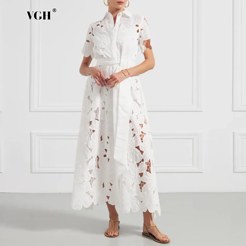 

VGH Solid Hollow Out Long A Line Dresses For Women Lapel Short Sleeve High Waist Patchwork Lace Up Slimming Dress Female Clothes