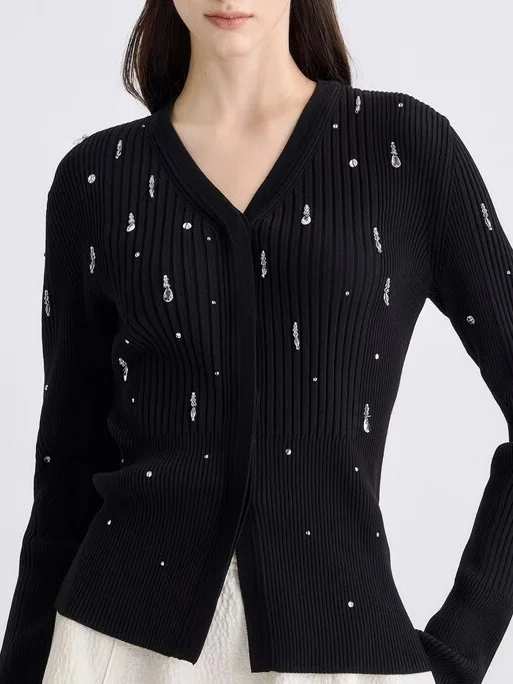 

Korean Sle V-Ne Knitted Cardigan Simple Ele Commute Friendly Heavy Bead Embellied Long Sve Ice Silk Women's Top