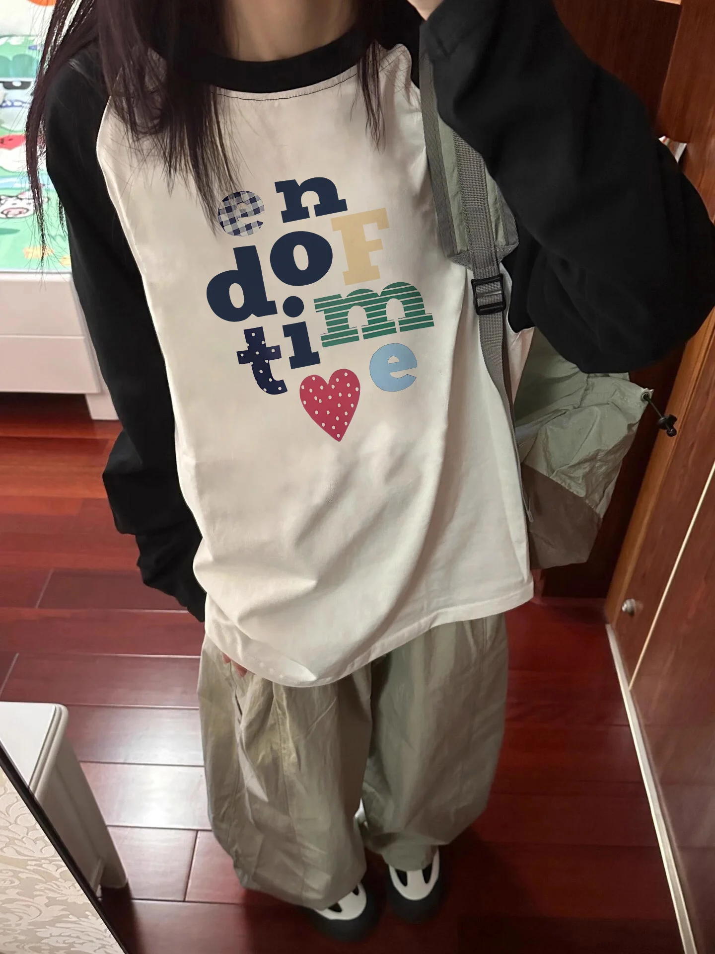 Women's Y2K Retro Text Letter Print T-Shirt Raglan Long Sleeve Korean-Inspired K-Drama Style Tops with H-Line Silhouette Clothes