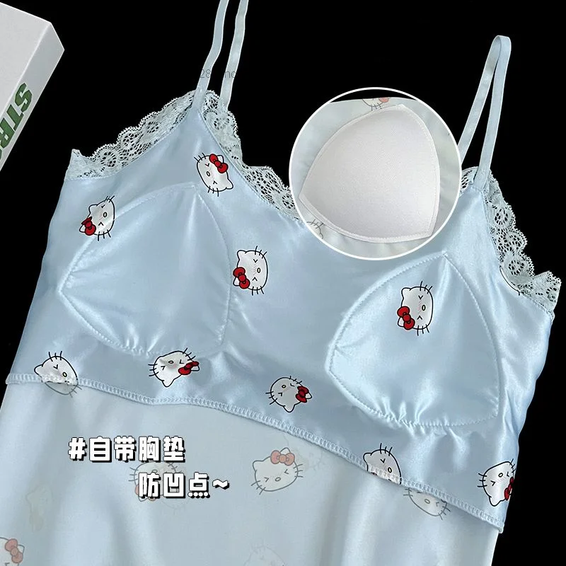 Sanrio Hello Kitty Women Ice Silk Sexy Pajamas Dress With Bra Cute Anime Home Clothes Sexy Pijama Nightwear Y2k Girls Nightgowns