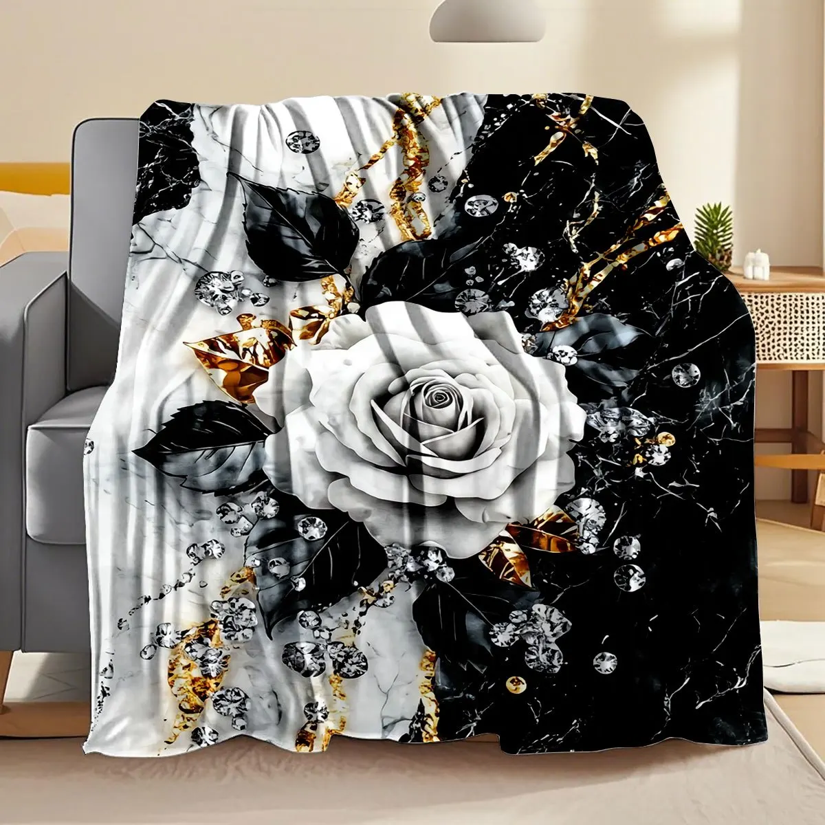 Marble White Rose Diamond Gold Foil Art Print Flannel Blanket Fashion Sofa Bedroom Warm Throw Blanket For Home Leisure Camping