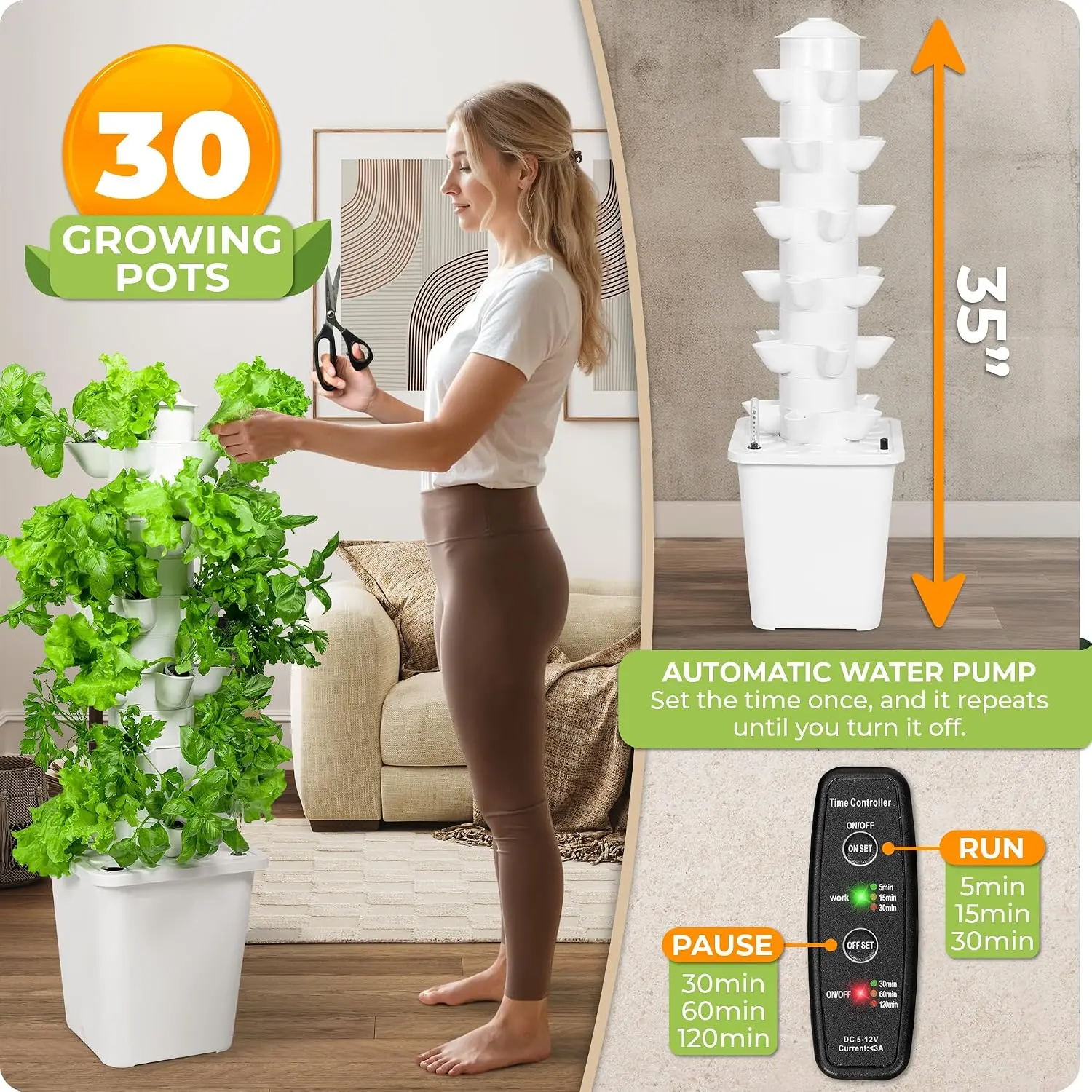 Hydroponic Tower Growing System Indoor Gardening 30 Plants 6 Hydroponic Columns Water Pump 264 Gallon Seedling Kit 35 Grow Spong