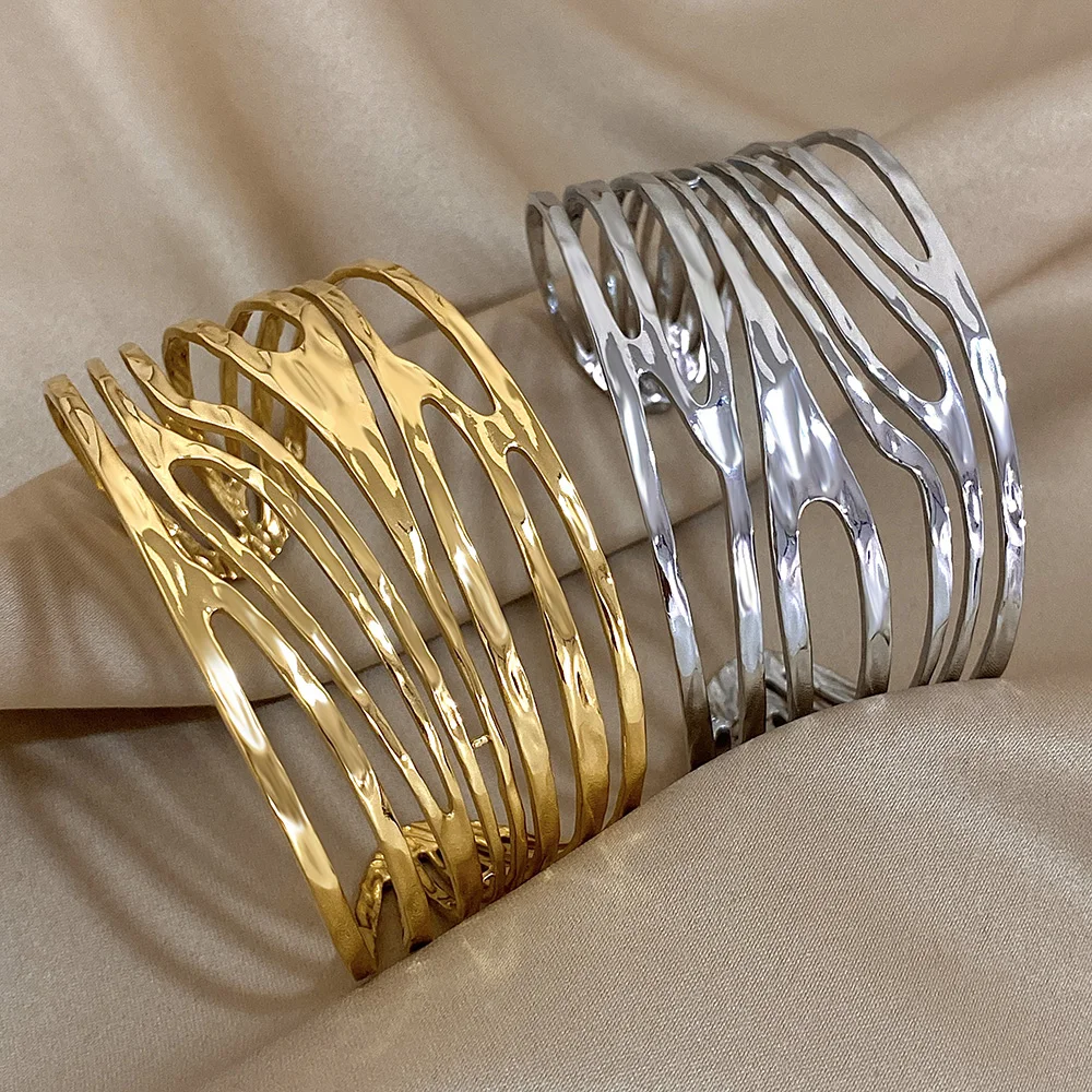 Irregular Geometric Hollow Stainless Steel Cuff Bracelet Exaggerated Gold Silver Color Wide Open Bangles Waterproof Jewelry