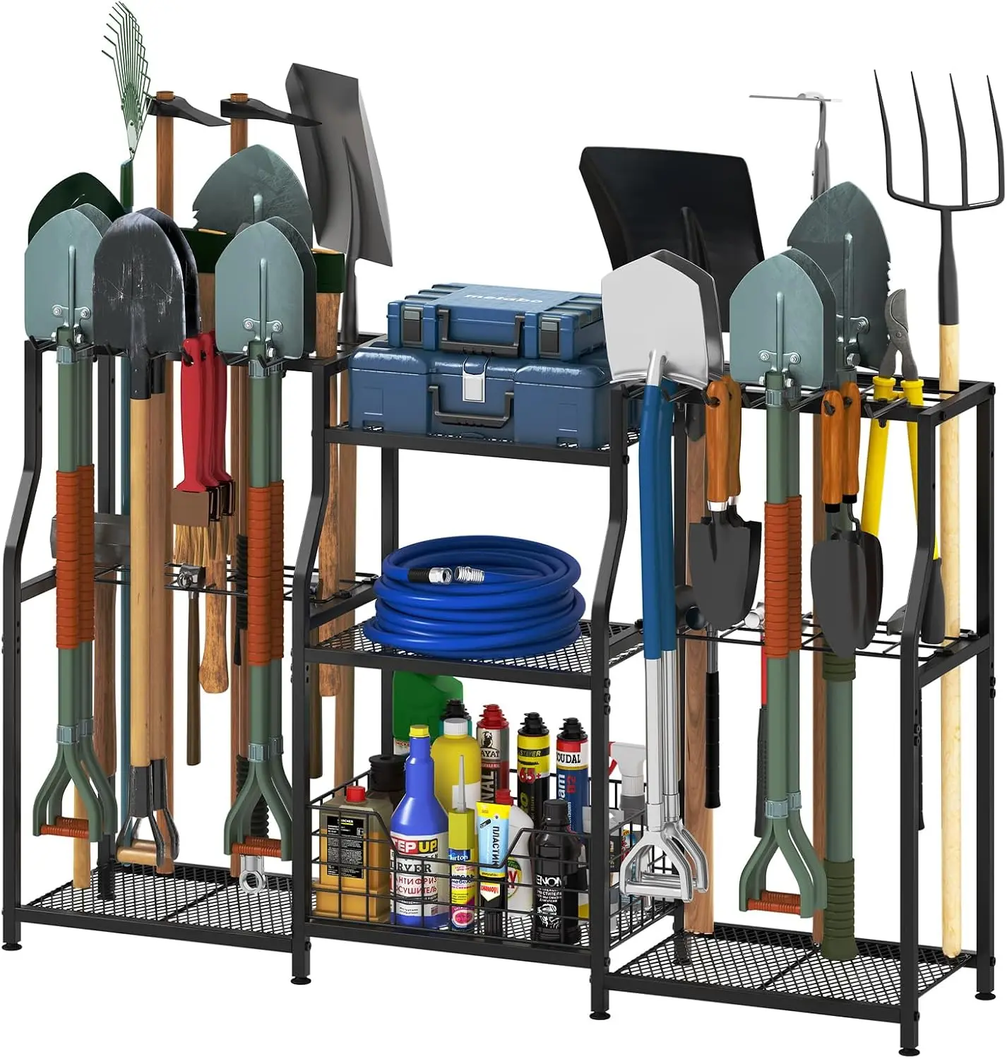 Garden Tool Organizer Heavy Duty Yard Tool Storage Rack Utility Tri Sided Lawn Care Storage Tower Shelving Unit With Baskets And Hooks For Garage Shed Backyard Lawn Black