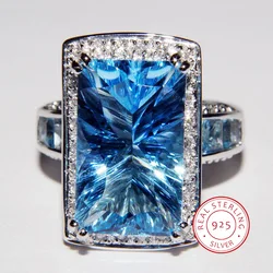 Sparkling Marine Blue Imitation Crystal Gemstone Full Diamond Ring Haute Banqueting Ladies 925 Sterling Silver Fashion Jewelry
