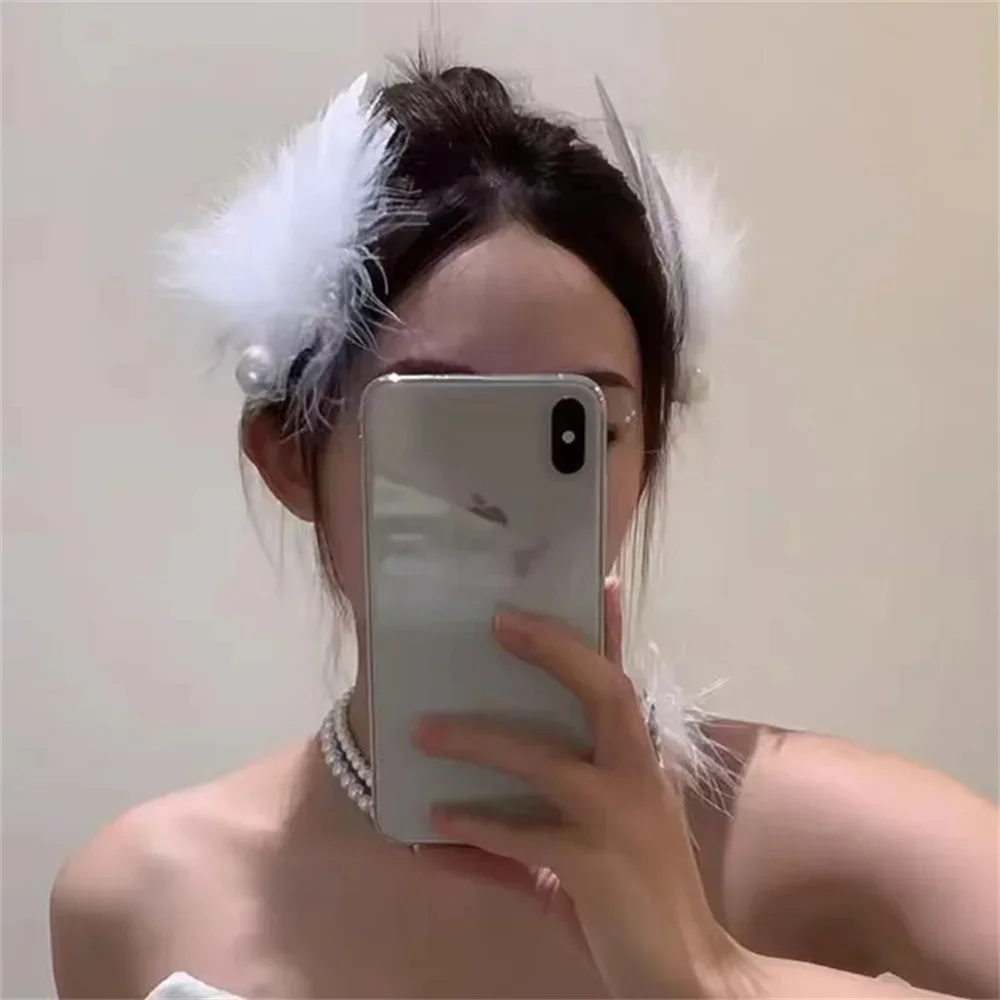 Grampo de cabelo de pena de cisne branco, estilo balé, performance de palco, clipe lateral, festa de menina, acessórios de pérola falsa, presentes