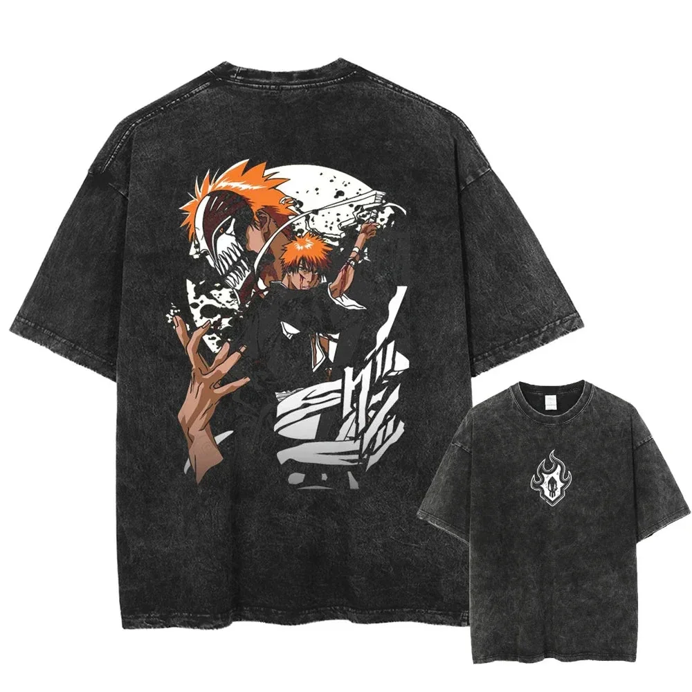 

Bleach Ichigo Kurosaki T Shirt Set Men Vintage Washed Cotton Short Sleeve Tops 2025 Summer Anime Graphic Tees Hollow Mask