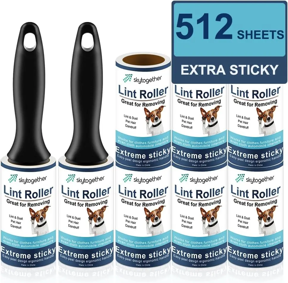 

Extra Sticky Lint Rollers for Pet Hair, 2 Handles + 8 Refills, 512 Sheets, Travel Size for Clothes & Couch