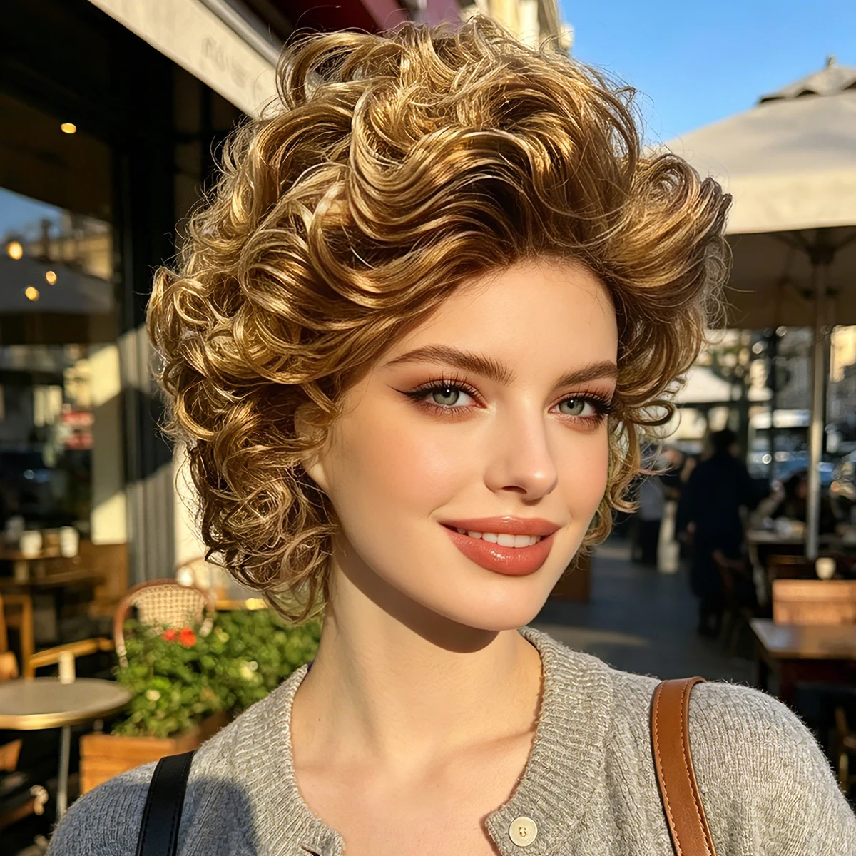 Honey Blonde Highlight Short Curly Fluffy Synthetic Wig Women Natural Daily Halloween Party Cosplay Costume Hairpiece