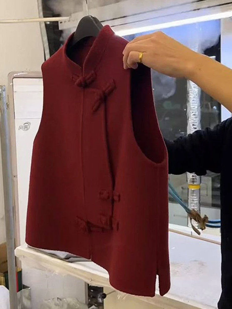 

Жилет женский шерстяной из Циндао, новый, высококачественный, красный, на пуговицах, теплый, повседневный, прямого кроя, средней длины