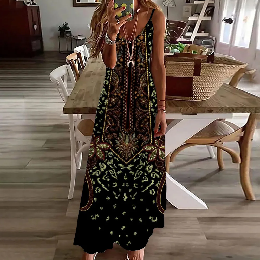 AliExpress New Dresses For Women 2024 Summer National Style Print Sleeveless V-Neck Slip Dresses Vintage Bohemia Maxi Dresses