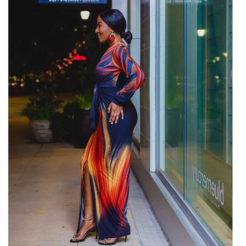 섹시 슬림 롱 프린트 드 오토멈 패션 V넥 미드웨이스트 폴리에스터 롱 슬리브 원피스 여성용 드