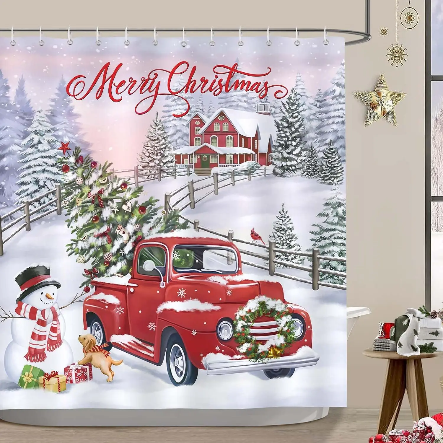 New in 2026 Bonhause Merry Christmas Shower Curtain, Red Truck Xmas Tree Snowman Winter Holiday Bathroom Decor 72 x 72 Inch Polyester Fabric Waterproof Bath Curtain with 12 Hooks