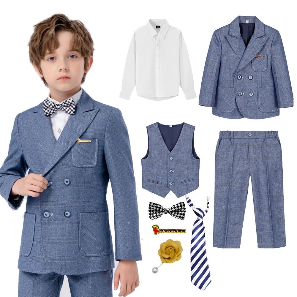 Prince Kids Blue Jacket Vest Pants Bowtie Piano Party Dress Boys Wedding Ceremony Photograph Suit Children Performance Costume