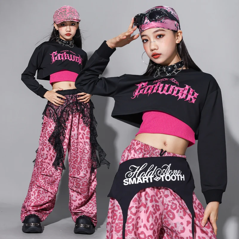 

Детская одежда для джазовых танцев, школьная одежда для выступлений, черный укороченный топ, розовые брюки с леопардовым принтом, уличная одежда в стиле хип-хоп для девочек 2888
