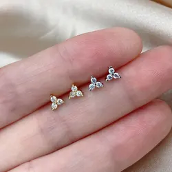 Three Dot Trio Geometric Little Tiny Stud Earrings Silver Color Sparkly CZ Crystals Simple Minimalist Women Girl Cute Jewelry