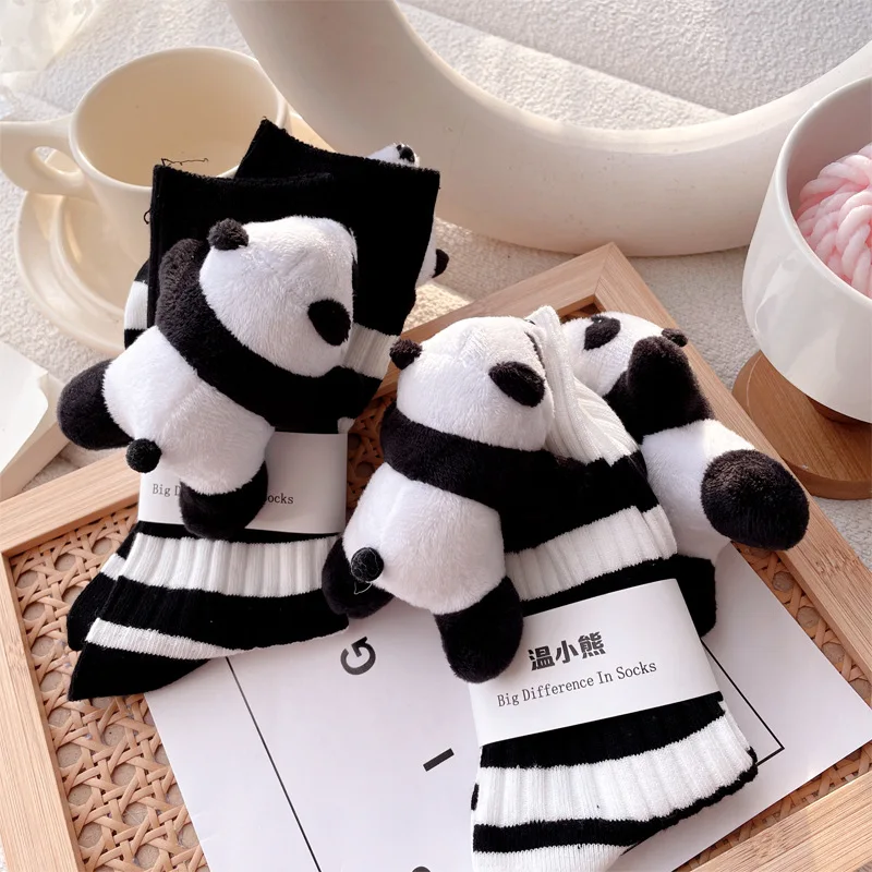 Socks with dolls, sweet and cute, three-dimensional panda mid-tube socks, women's stripes, personality, versatile and trendy