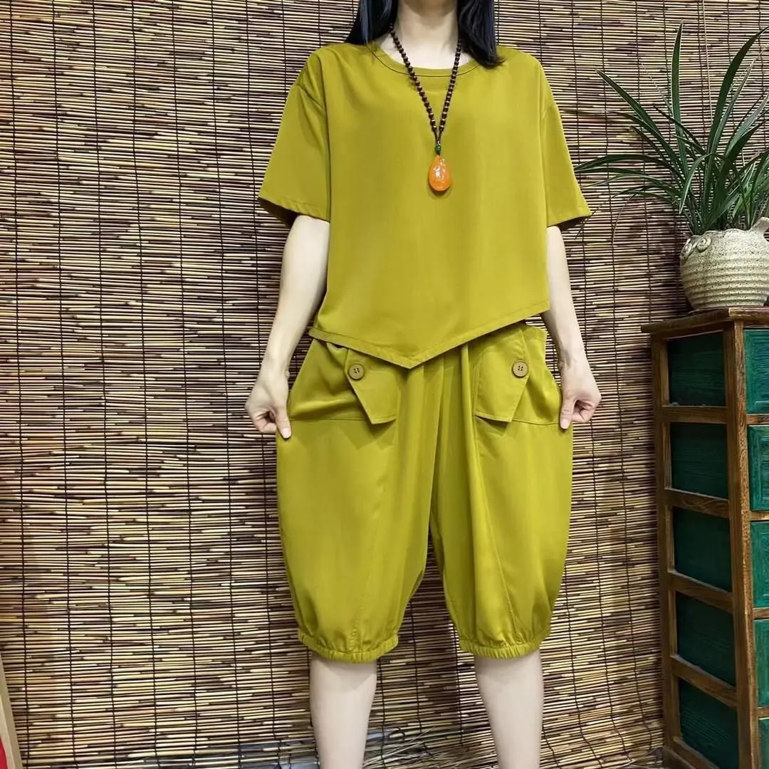 

Summer Fashion Casual Loose Comfortable Two-Piece Set White Slimming Seven-Foot Pants round Neck Short Sleeve T-Shirt