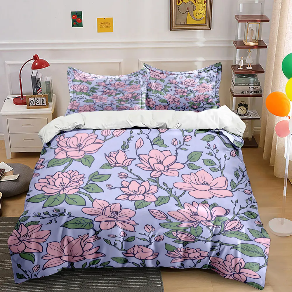 

Pink Flowers and Green Leaves Pattern Printed Duvet Cover Set1 Duvet Cover+2 PillowcaseMulti Size Bedroom Bedding Decor