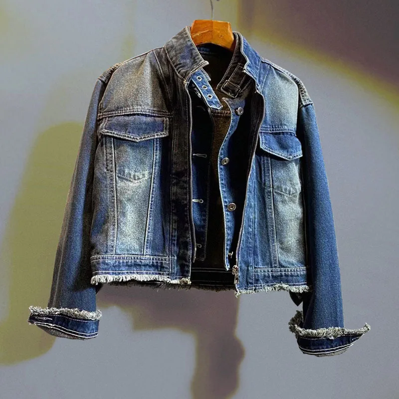 

Spring Vintage Stand Collar Fake Two-piece Women Short Denim Jacket Zipper Single-breasted Frayed Burrs Hem Jeans Jacket Blue