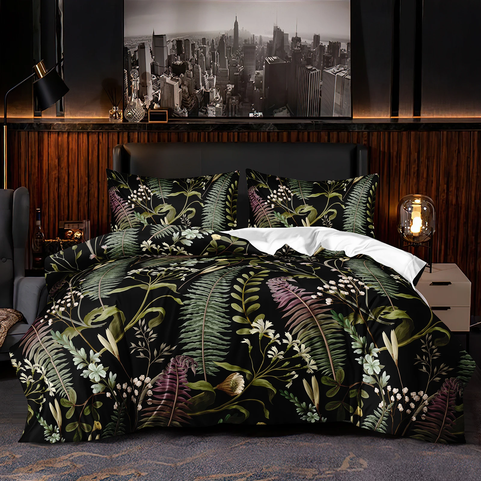 Green Leaves Comforter Bedding Sets Black Botanical Bedding Set Cottage Vintage Duvet Cover with 2 Pillowcases