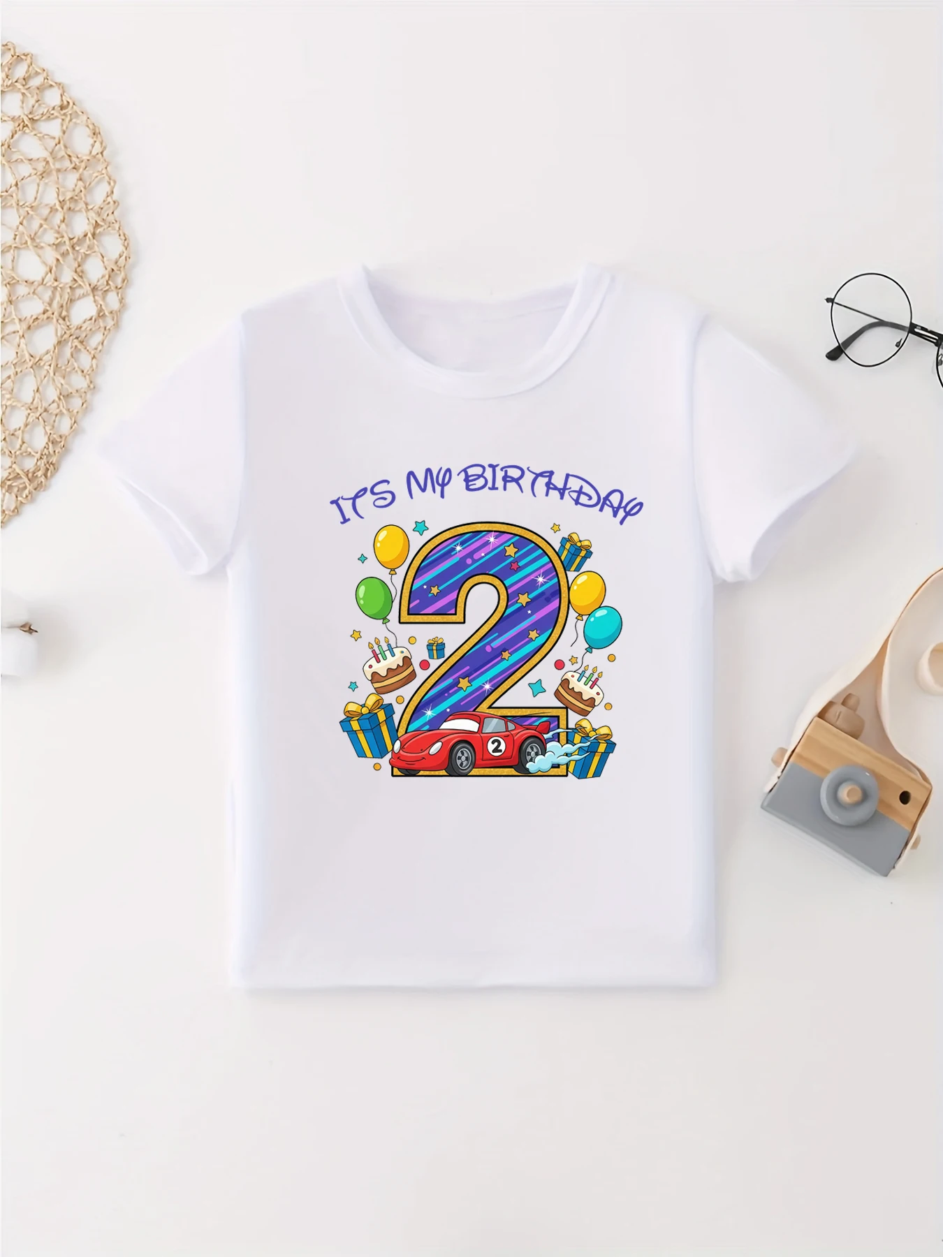 It'S My 2nd Birthday Balloon Car Cake Printed T Shirt Boys The Best Birthday Gift T-Shirt Toddler T-Shirt