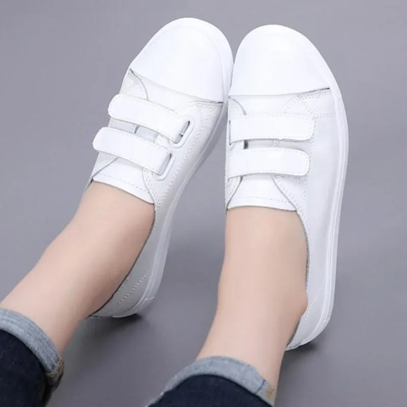 Spring New White Shoes Leather PU Casual for Women\'s Breathable Running Shoes Students Sneakers Tennis Female Hook & Loop Autumn