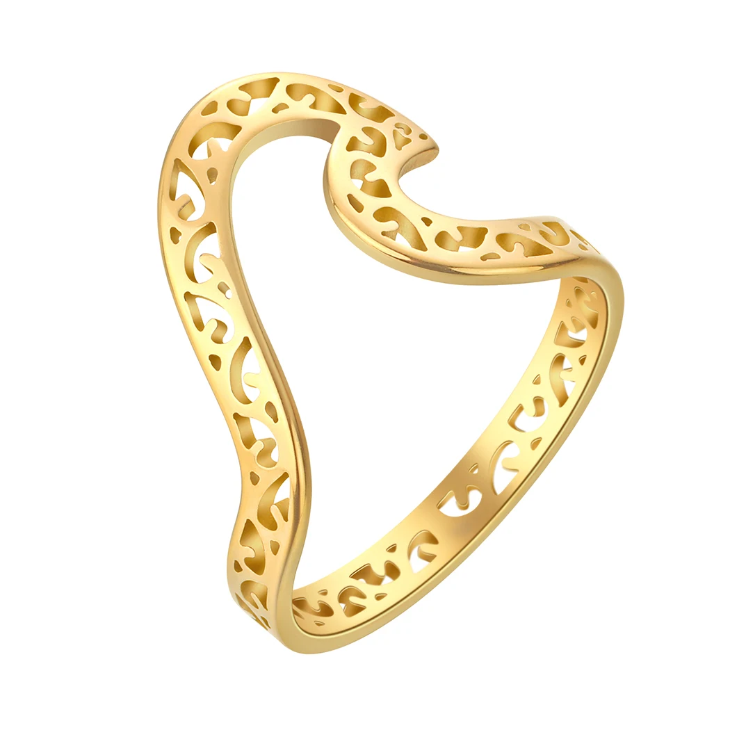 QIAMNI Fashion Filigree Sea Wave Finger Ring Bohemian for Men Women's Stainless Steel Beach Ocean Surf Jewelry Surfer Gift