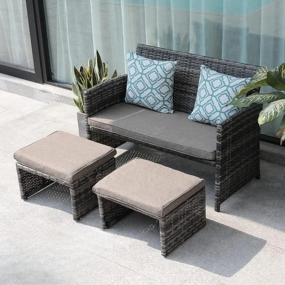 

For Outdoor Loveseat Patio Furniture Rattan Conversation Set with Ottoman,White Cushions,Grey Wicker, outdoor furniture^