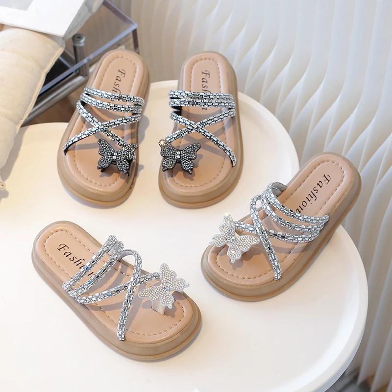 Platform Slippers for Girls Summer Crystal Open Toe Flat Gir's Casual Shoes Kids Outdoor Sandals Butterfly Luxury Bling Slides