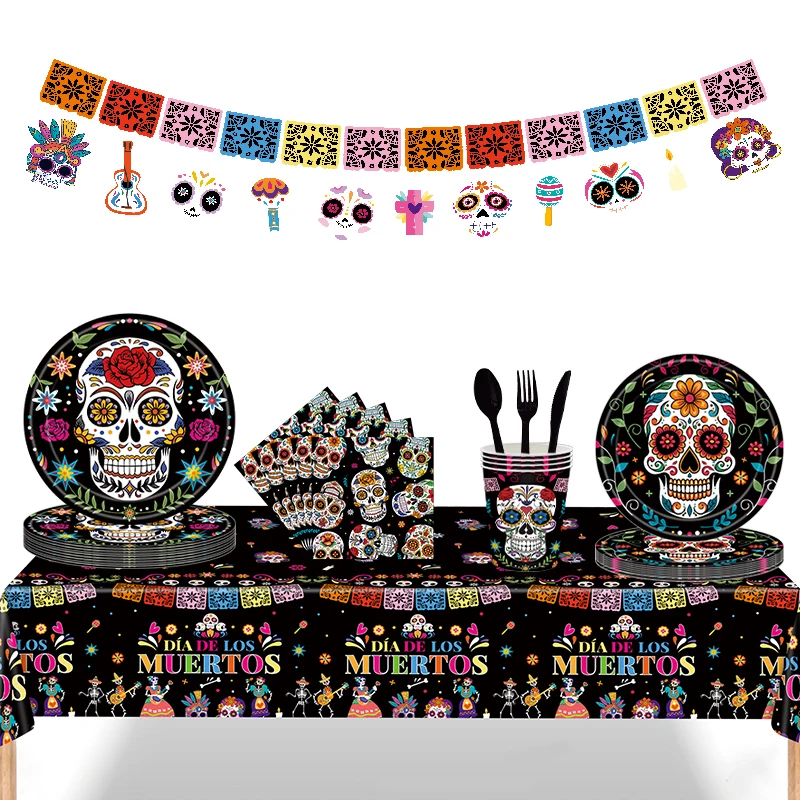 Day of the Dead Halloween Theme Flower Skull Disposable Tableware Paper Plates Cups Napkins Banner Hanging Decor Party Supplies