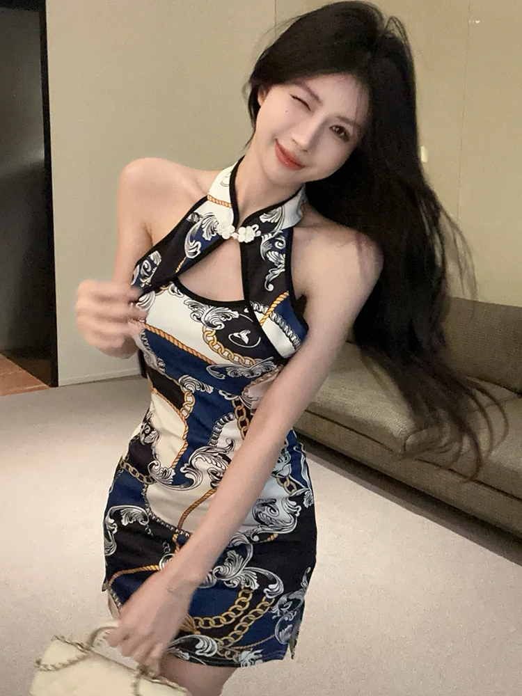 Mini abito sexy da donna con stampa scavata al collo 2025 Abito coreano aderente avvolgente sull'anca Abito estivo elegante da ballo di lusso per festival