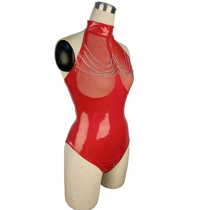 Women Sexy Mesh See Through Bodysuit Faux Leather One Piece Backless Jumpsuit Leotard with Chain Catsuit Zipper Crotch Rompers