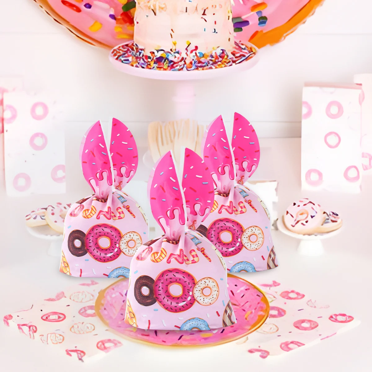 Pink Donuts Rabbit Gift Bags Girls Birthday Party Decoration Donuts Theme Birthday Candy Cookie Bags Birthday Baby Shower Decor