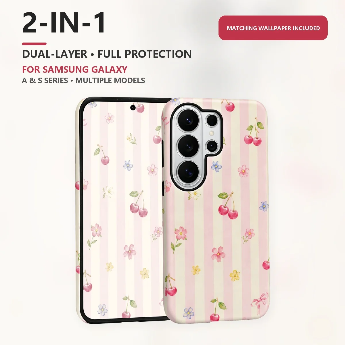 Pink Cherry Stripes 2-in-1 Dual-Layer Phone Case for Samsung Galaxy S26 S25 S24 S23 S22 S21 Plus Ultra FE S20 FE A56 A17 A16 A15