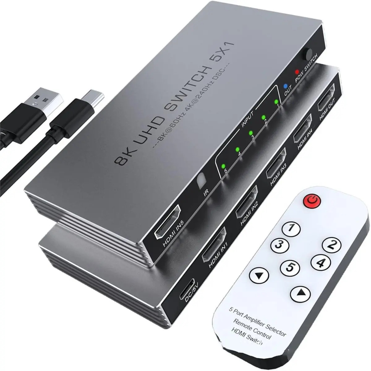 A26Z 4K 240Hz 5 in 1 Out - 8K@60Hz -Compatible Splitter with Remote, HDR10+, -Compatible 2.1, 3D, CEC, HDR, HDCP 2.3