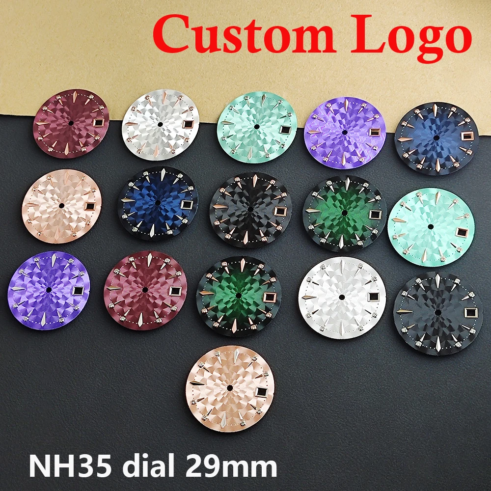 NH35 Zifferblatt 29mm/35mm Uhrenzifferblatt mit Diamanten, Cocktail-Zifferblatt, Zifferblatt mit individuellem Logo für NH35/36 Uhrwerk Zubehör