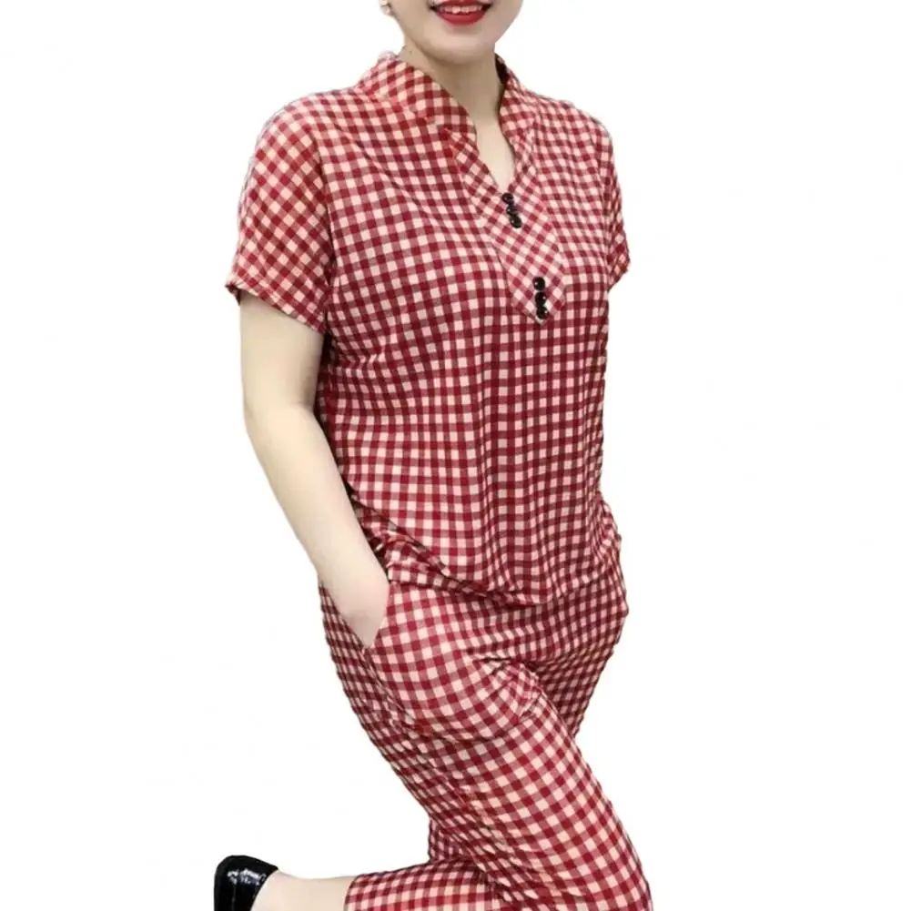 

Женский костюм-двойка свободного кроя, модный комплект в клетку, топ с коротким рукавом на пуговицах, укороченный облегающий топ