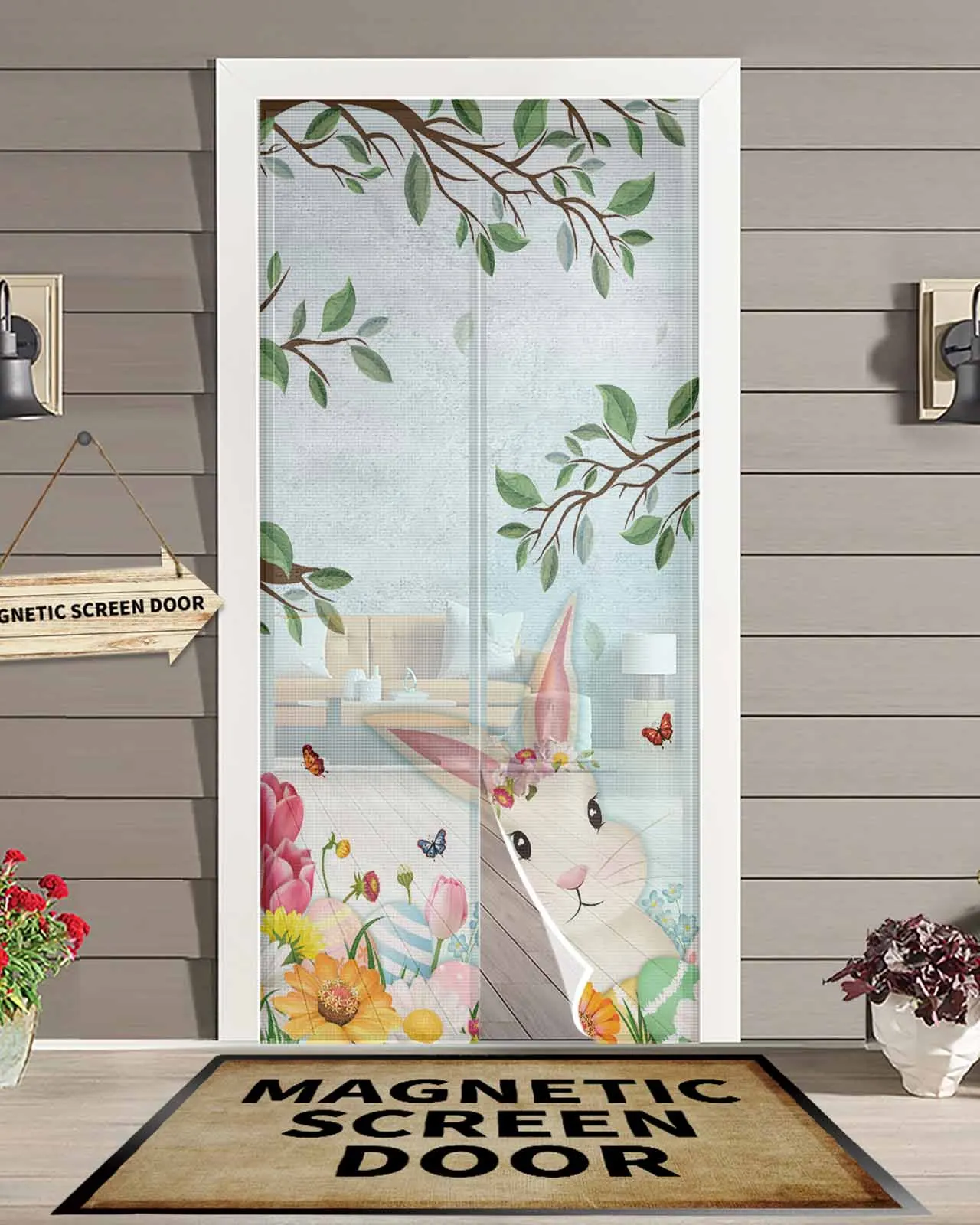 Easter Bunny Eggs Spring Flowers Leaves Summer Magnetic Door Curtain Living Room Bedroom Home Anti-mosquito Screen Door Curtain