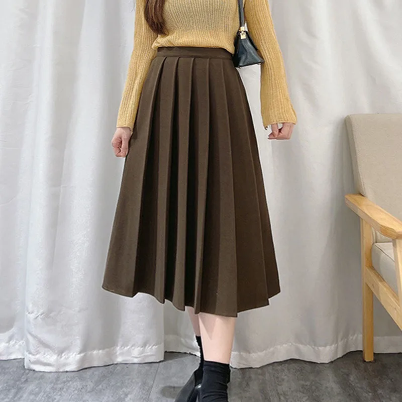 

Winter Woolen Blend Pleated Long Skirt Elastic Waist Solid Brown A-line Calf Long Skirts Khaki Gray