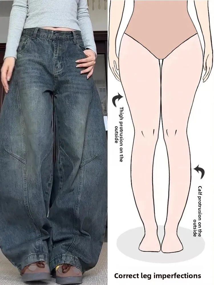 

Retro American Washed Knife Jeans Men's Loose Wide Leg Floor Length Casual Pants for Pear Shaped Body High Waist Long Tr...