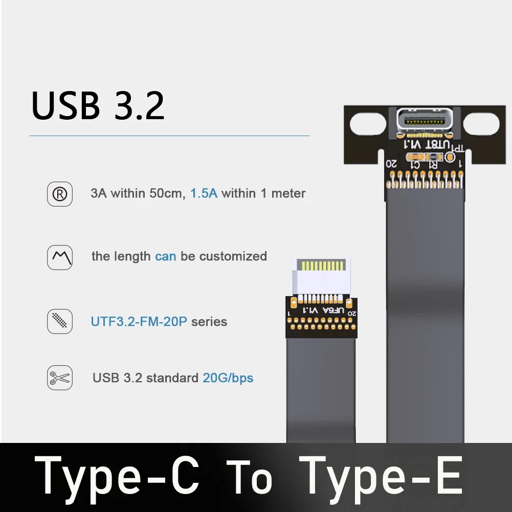 

20Gbps Fold 90 Degree USB 3.2 Type C Female To Type E Male Flat Extension Cable With PCI Baffle For ITX/ATX Motherboard A4 Case