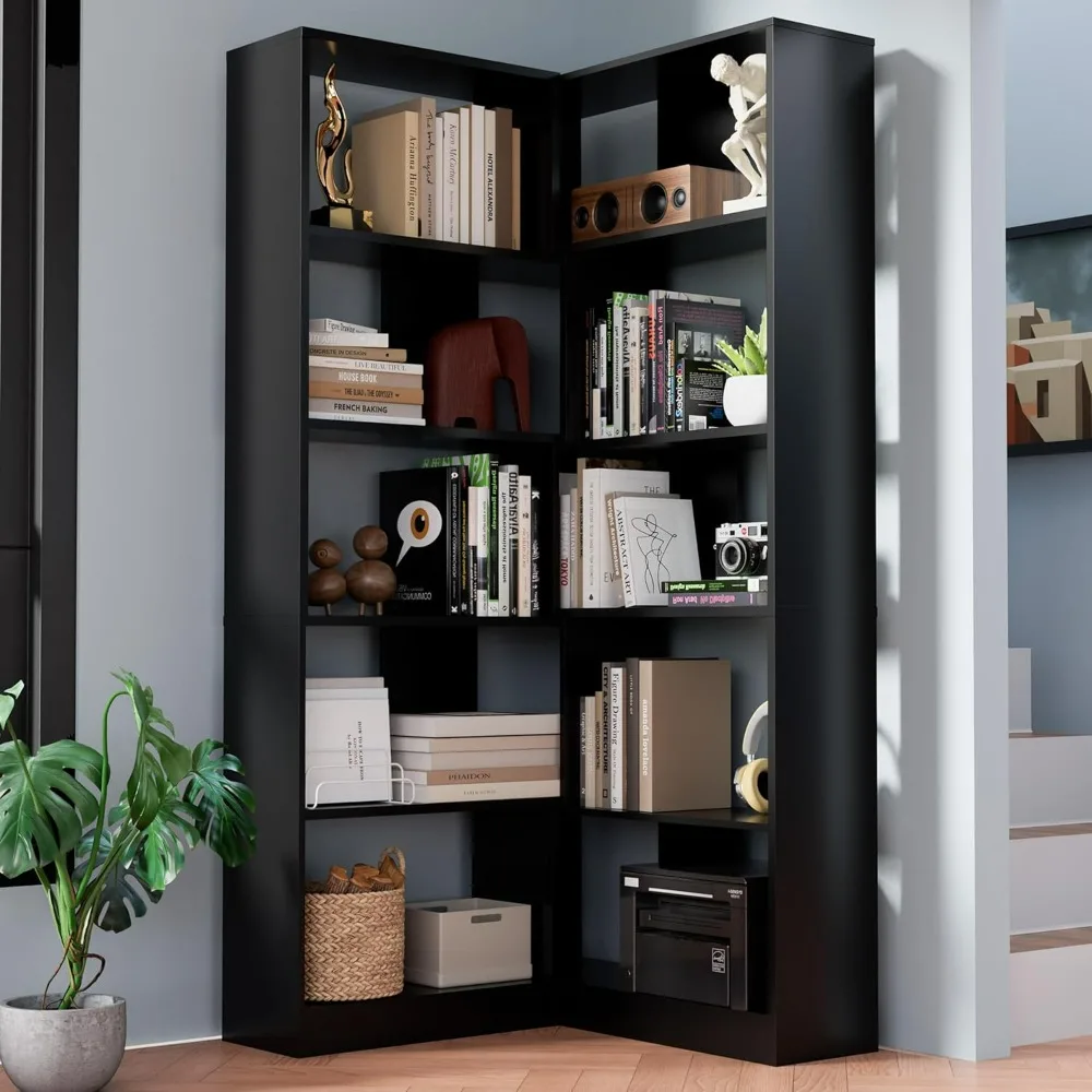 

Corner Bookshelf, Modern Display Corner Shelves for Living Room, Bedroom and Office,Tall Corner Bookcase with L-Shaped Design