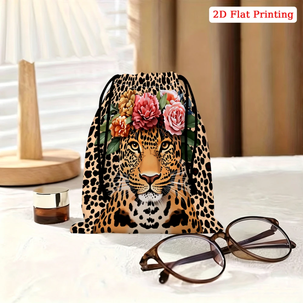 1pc Leopard Floral Print Drawstring Bag Brown Storage Small Pouch For Travel Cosmetics Organization Women Portable Lightweight